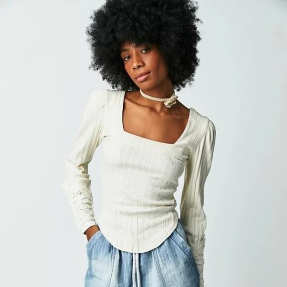 Free People Could I Love You More Top Ivory Cream Square Neck Long Sleeve Small - Picture 7 of 7